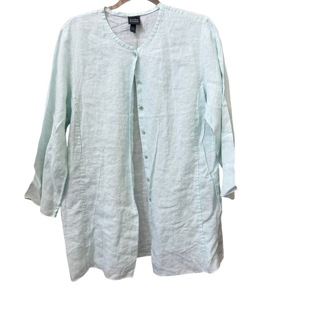 Eileen Fisher Irish Linen Button Down Top Sz Large Light Blue Coastal Minimalist